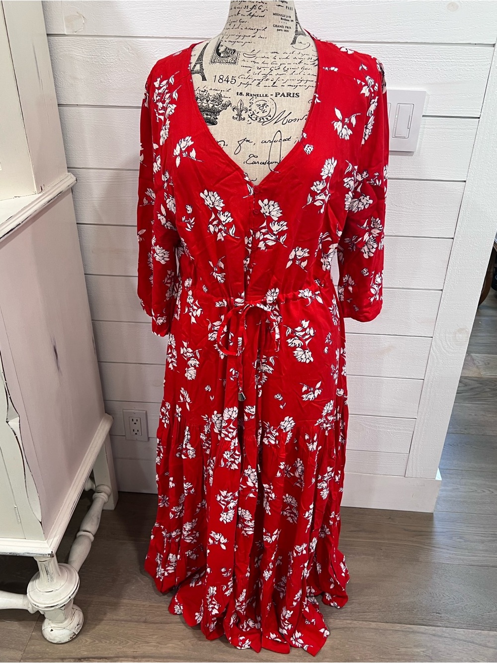 loralette Red Floral V-Neck Tie-Waist Maxi Dress